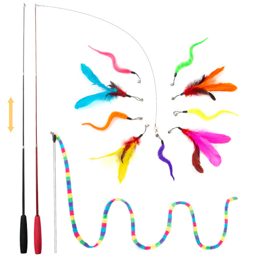 FYNIGO Cat Wand Toys, Interactive 3 Pcs Retractable and Rainbow Teaser Wand with 9 Refills and 2 Spare Hook, Cat Feather Toy, Cat Fishing Pole Toy (14 Pack)