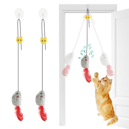 FYNIGO Self Play Cat Toys, 2 Pack Door Hanging Cat Toy Mouse with Squeaky Sound, No Batteries Required, Interactive Cat Toys for Indoor Cats Kitten, Bouncing Cat Mouse Toy with Feather Tail for Boredom