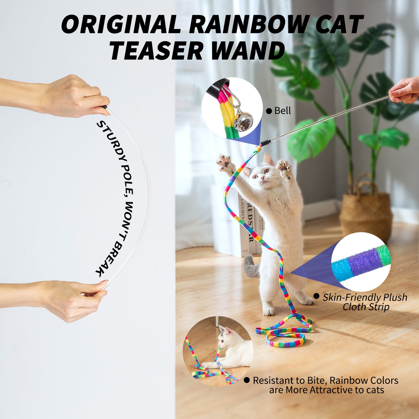 FYNIGO Cat Wand Toys, Interactive 3 Pcs Retractable and Rainbow Teaser Wand with 9 Refills and 2 Spare Hook, Cat Feather Toy, Cat Fishing Pole Toy (14 Pack)