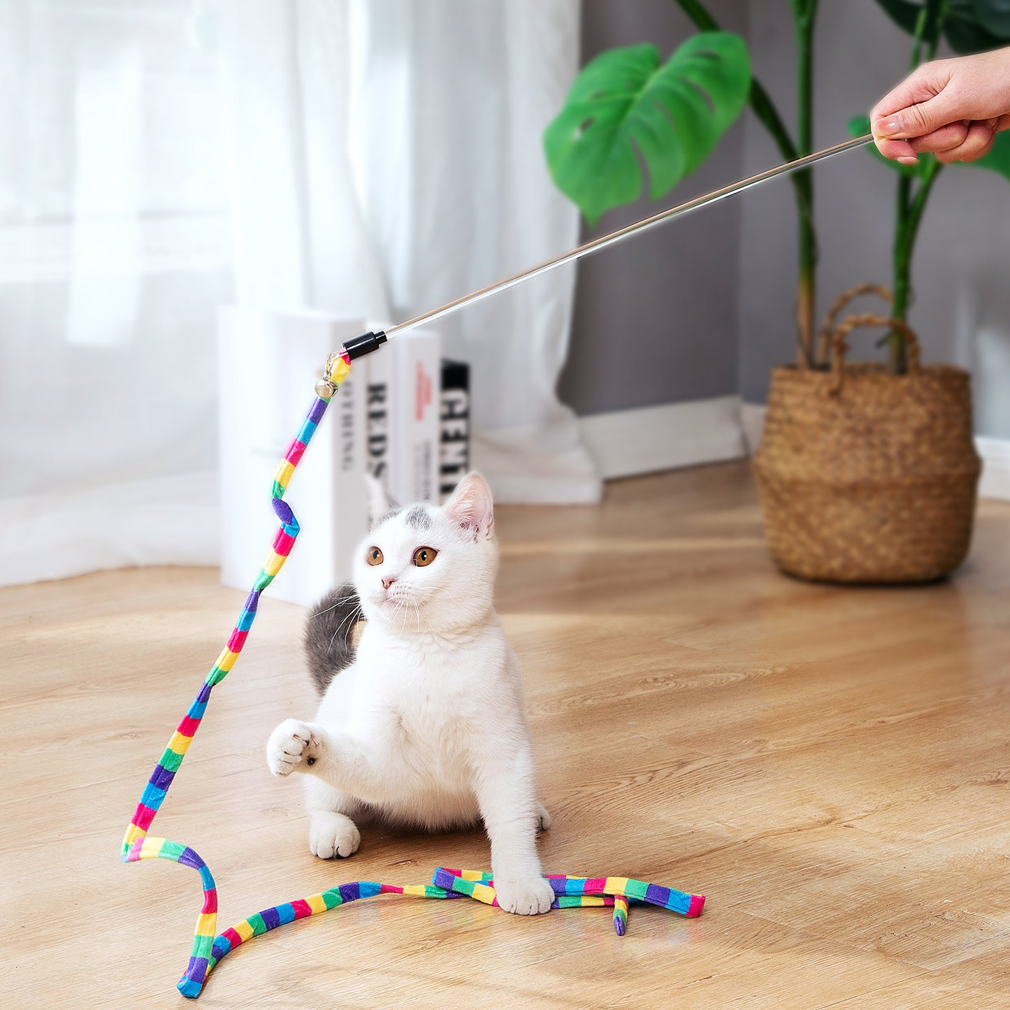 FYNIGO Cat Wand Toys, Interactive 3 Pcs Retractable and Rainbow Teaser Wand with 9 Refills and 2 Spare Hook, Cat Feather Toy, Cat Fishing Pole Toy (14 Pack)