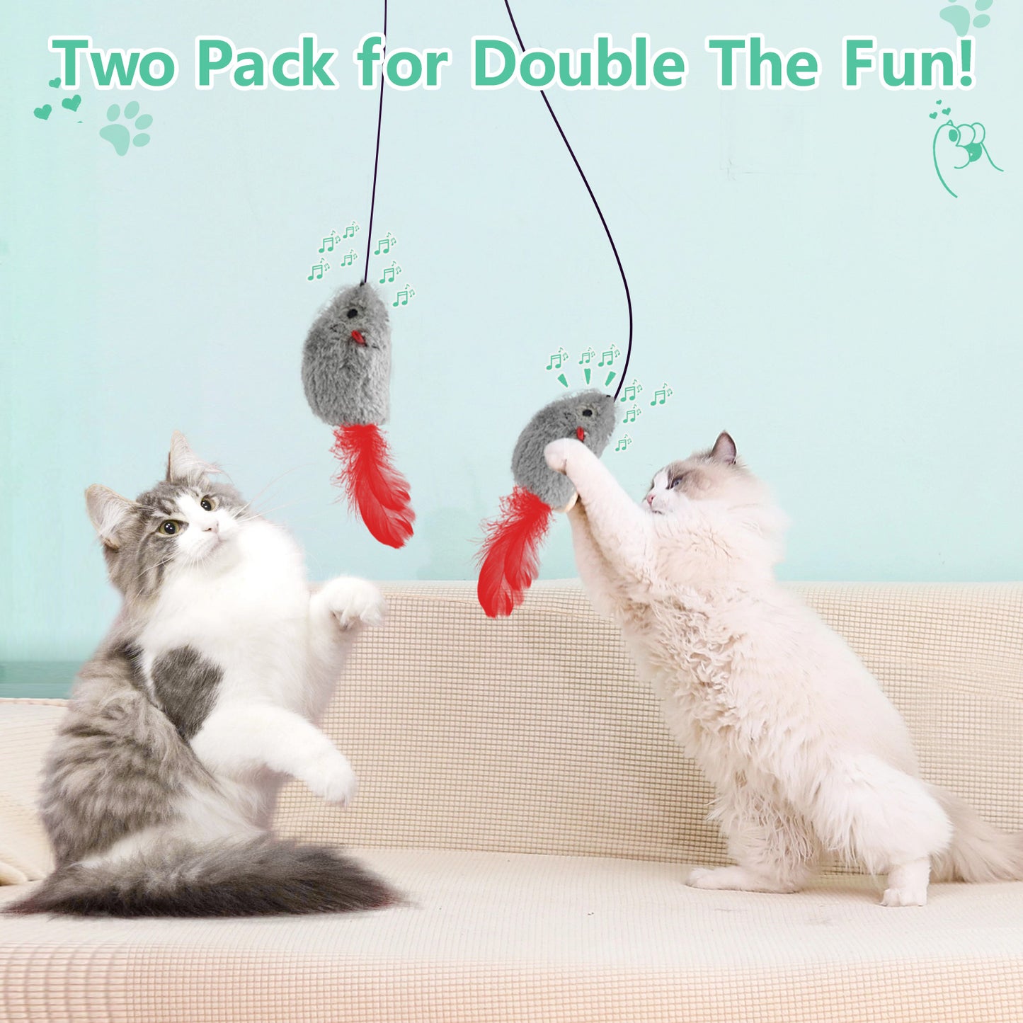 FYNIGO Self Play Cat Toys, 2 Pack Door Hanging Cat Toy Mouse with Squeaky Sound, No Batteries Required, Interactive Cat Toys for Indoor Cats Kitten, Bouncing Cat Mouse Toy with Feather Tail for Boredom